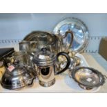 A selection of silver plate including tea and hot water pots; pewter mugs; a claret jug; boxed and