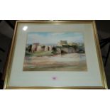 E J Mayberry:  Chepstow Castle, watercolour, signed, 26 x 39 cm, framed and glazed; 2 other pictures