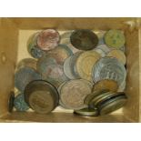 An interesting selection of brass and copper coins/tokens, from Roman to modern