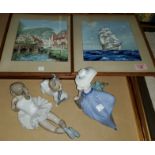 3 Nao figures: two young girls and a baby; Horace Watton 2 gouaches and a water colour of a