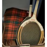 An Otterburn pure tartan woollen throw 216cm x 188cm; 4 vintage tennis racquets