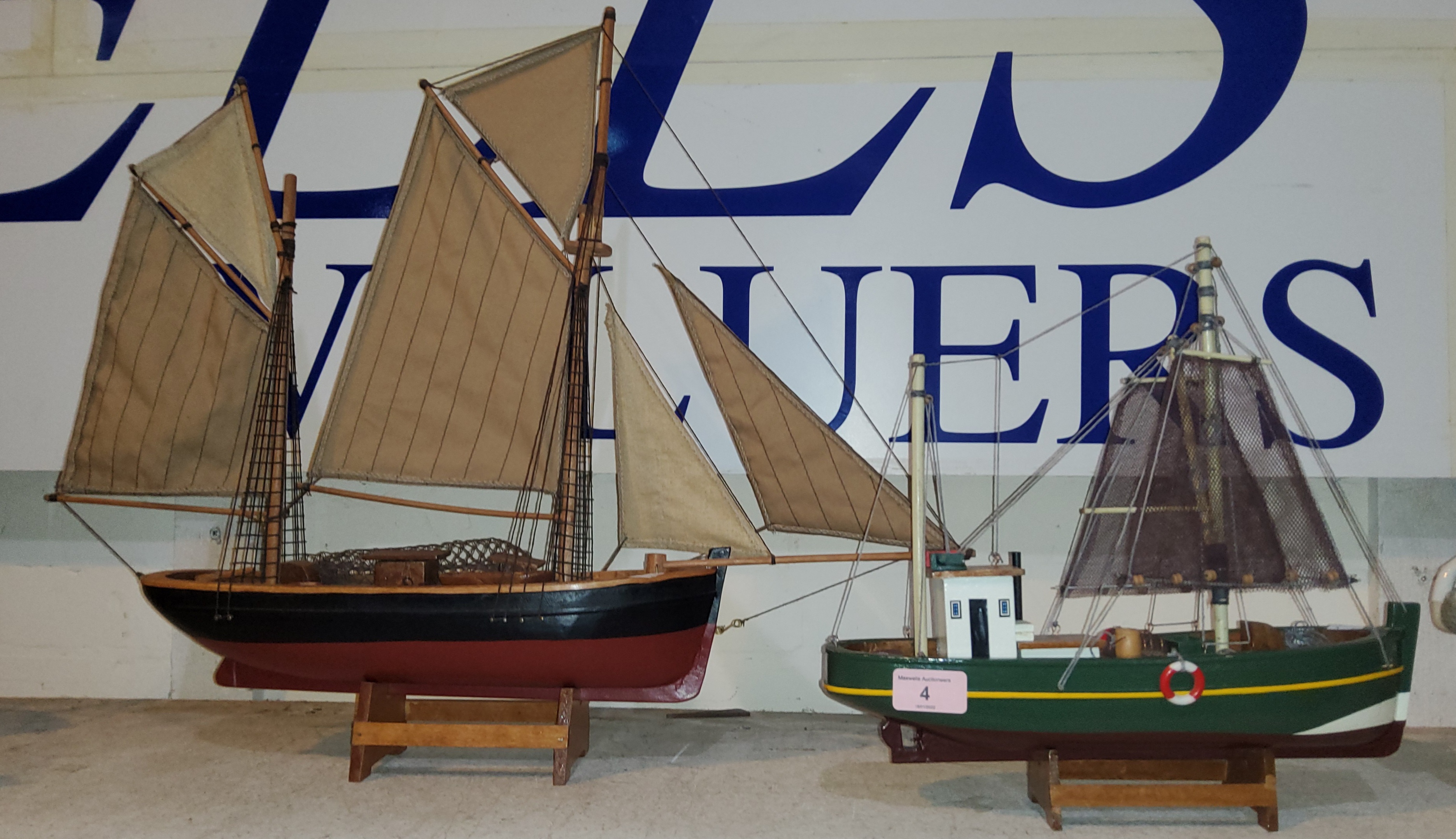 2 vintage models of boats, 1 fishing boat and one sailing boat 35cm & 33cm