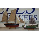 2 vintage models of boats, 1 fishing boat and one sailing boat 35cm & 33cm
