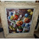 S Abrys:  Still life of chrysanthemums in in a vase, oil on board, 63 x 52 cm, framed and glazed