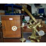 A 19th century brass binocular microscope by J Swift, University St, London W.C., with one inch