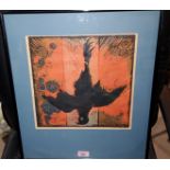 20th century: Colour woodblock print on Japan paper, pendant crow, 30 x 30cm, unsigned, framed.