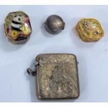 A hallmarked silver vesta case, a small white metal pill box and 2 other miniature enamel boxes