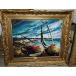 S Abrys:  Beached fishing boats, oil on board, signed, 48 x 59 cm, framed