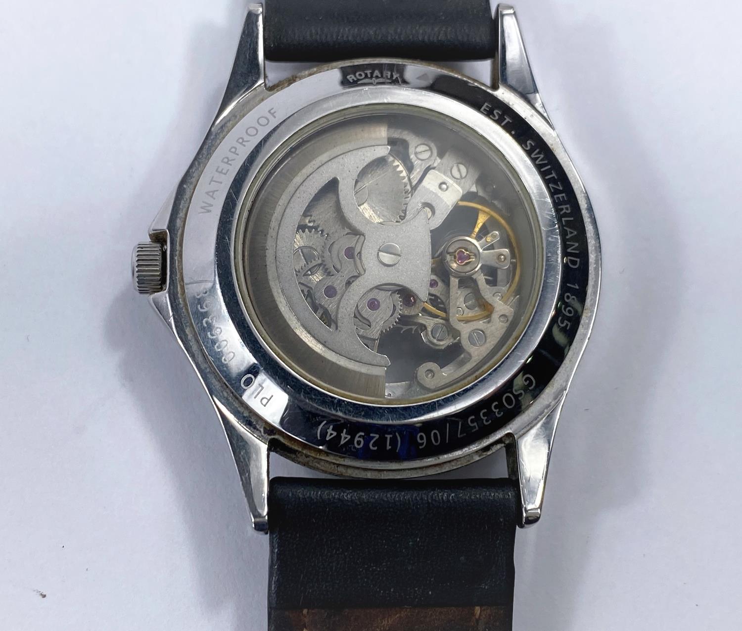 A Rotary Automatic skeleton face open back gent's wrist watch on black leather strap - Image 2 of 4