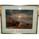 J.Macpherson beached fishing boat by moonlight, signed water colour 25 x 34cm framed and glazed