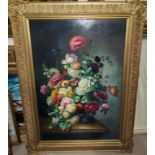 Mielof: oil on board, still life of flowers in vase, signed, 89 x 59 cm, in antique style gilt frame