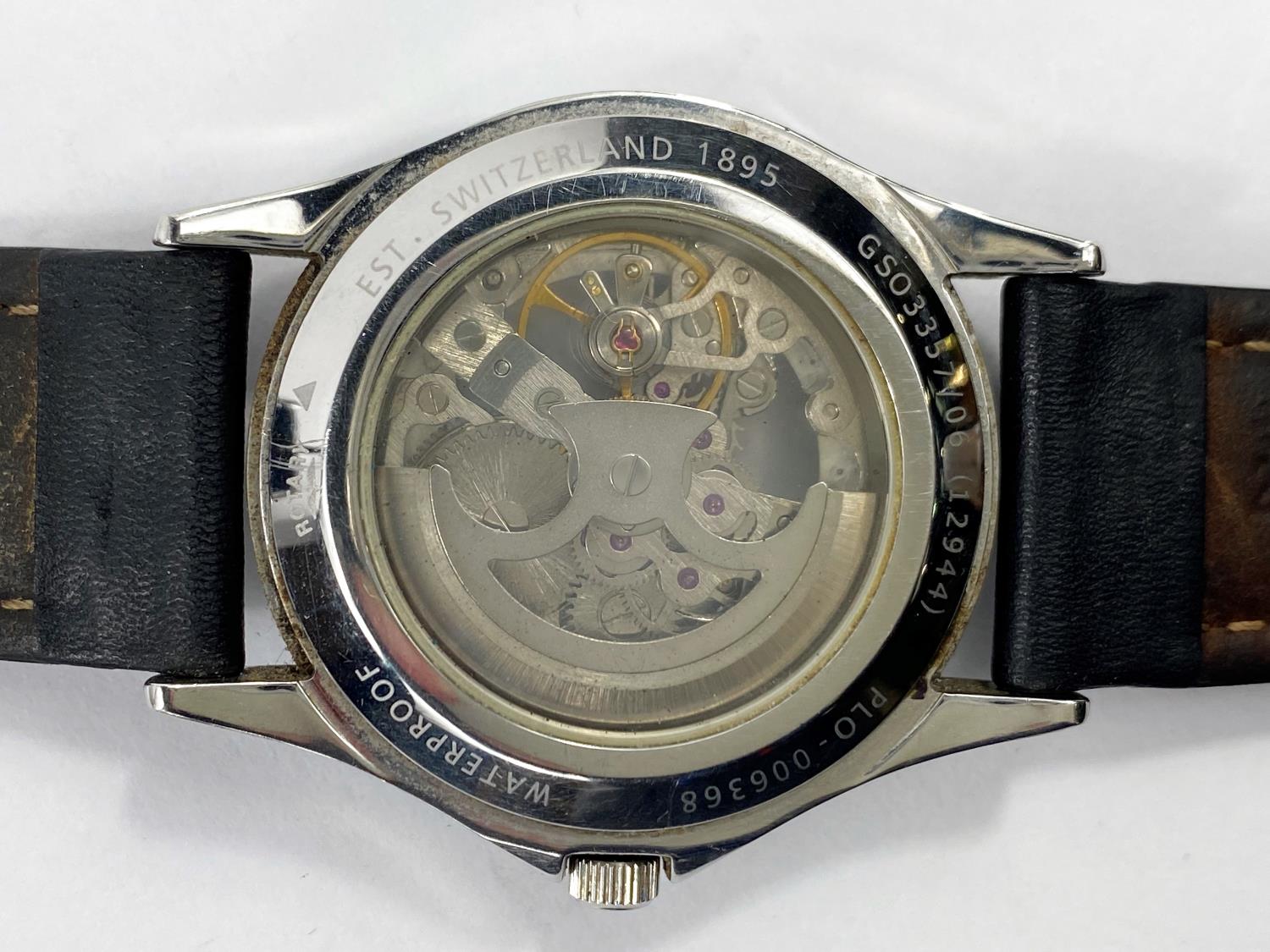 A Rotary Automatic skeleton face open back gent's wrist watch on black leather strap - Image 3 of 4