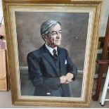 Harold Riley:  'Mr John Herwell Morris', half length portrait of a gentleman in grey suit, oil on