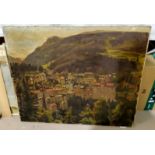 Studio of Michael Gilbury (British 1913-2000) oil on canvas view of town bellow mountains, signed to