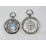 Two white metal fob watches with chased decoration and decorative dials