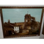 A.SANDERSON, oil on canvas, St Leonard's Parish Church with whitewash cottage and figure, signed