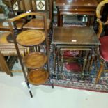 An oak nest of 3 occasional tables; a mahogany 3 height cake stand; an inlaid mahogany wine table