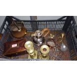 A mahogany veneered two section tea caddy boxwood inlay; 2 brass candlesticks and other metalware