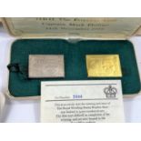 A pair of HRH Princess Anne 1973 Royal Wedding commemorative medallic replica stamps, 20 pence in 22