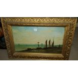 A 20th century Impressionist school, 3 moored fishing boats, oil on canvas, signed, indistinctly, 44