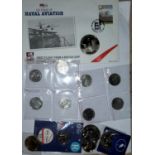GB:  A Naval Aviation centenary £5 coin cover; 9 alphabet 10p coins; 2 x £5 coins; 3 x £2 coins