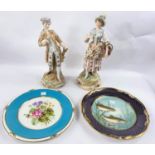 A SPODE cabinet plate, decorated with trout, signed Casewell; another plate and a pair of