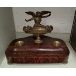 A large brass and marble, 19th century style desk set, with marble base, brass angel with bowl and