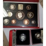 GB:  1999 proof set, red case; 1985 & 1989 piedfort £1 coins