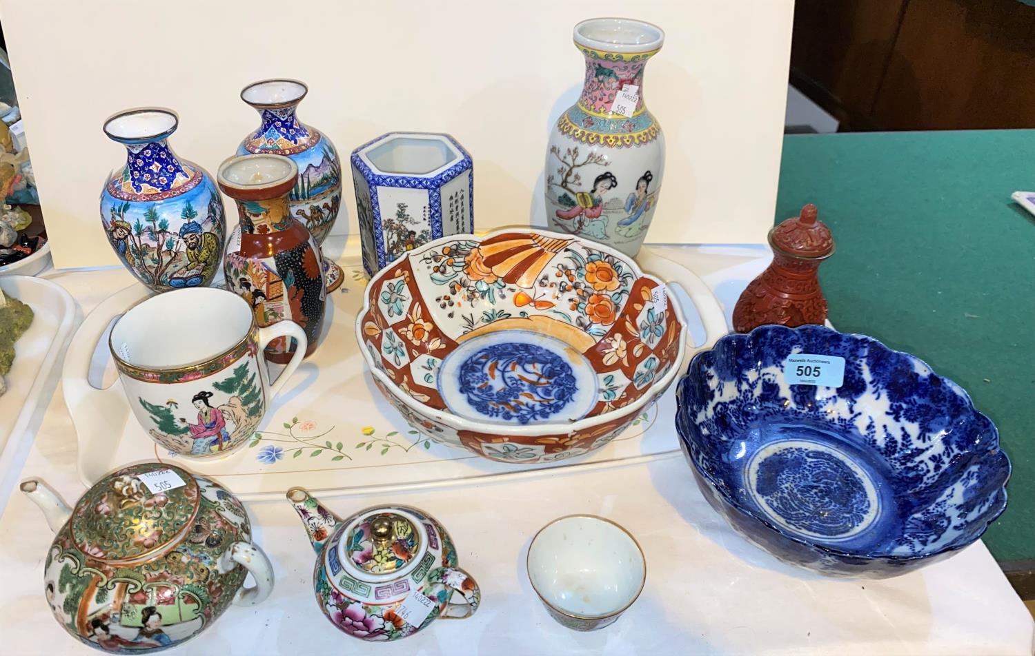 A selection of oriental china:  2 Chinese famille rose teapots; an Imari dish; an Indo/Persian