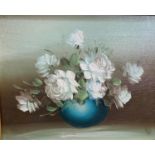 20th Century - Still Life of roses in a blue bowl on a table, oil on canvas, unsigned, 19 x 24cm,