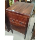 A Georgian mahogany bedside cabinet with double hinged top drawer and cupboard