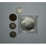 US:  1 Dollar fine silver, 1992, dimes 1907, 1911, 1916, 1 cent 1864