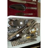 A set of 3 Kings pattern pie/cake slices, cased; 5 silver handled forks; a selection of other