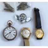 An open faced keyless gents pocket watch; 2 gents wrist watches and a large selection of pocket