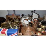 A 19th century copper kettle; a pair of brass table lamps; an Art Deco chrome and pottery tea set of