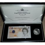 GB:  2003 Coronation 50th Anniversary, £10 note, £5 silver proof Crown, cased