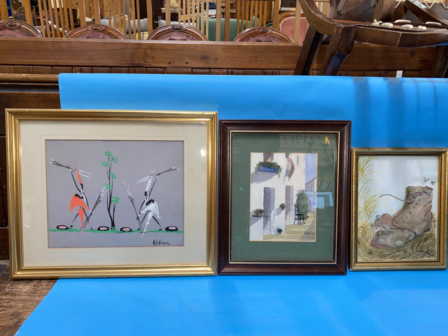 Four watercolour pictures - mouse on a boat; winter Rocky Mountain scene; 2 storks; chair outside