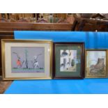 Four watercolour pictures - mouse on a boat; winter Rocky Mountain scene; 2 storks; chair outside