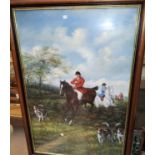 Modern oil on canvas, hunting scene, male and females on horseback