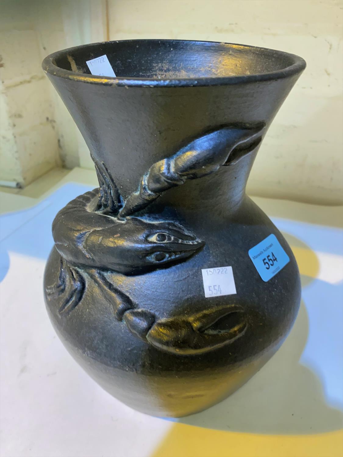 A Japanese pottery vase of bulbous form with lobster in relief under a 'bronzed' effect glaze - Image 3 of 3