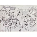 David Wilde: Northern Artist, abstract scene 'Bethesda Quarry with Mickey', pen and ink on card,