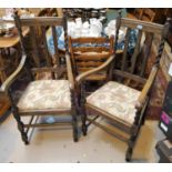 Two oak carver chairs with barley twist legs and uprights