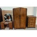 A 1930's 4 piece bedroom suite in figured and quarter veneered walnut, comprising double wardrobe,