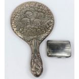 A silver back hand mirror with embossed cherubs, Chester 1901; an engine turned cigarette case,