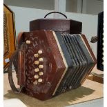 A 19th century concertina case, Campbells Non-Pareil, and a Butler concertina with 10 buttons to