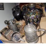 Two pewter tankards, 6 pewter plates, a cloisonné vase (a.f.)