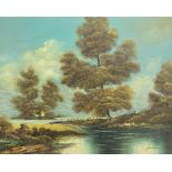 J Williams (20th century): Country landscape with lake in foreground and farmhouse in the