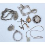 A white metal Double Albert; an alternating yellow & white metal watch chain, other chains fobs etc.