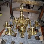 A brass six branch hanging candelabra