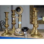 A stick telephone; a tram handle (?); 2 19th century pairs of candlesticks